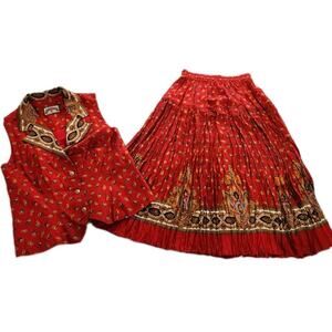 Vtg 90s Red Paisley Vest Matching Maxi Boho Skirt Set Pine Cove Petite Small